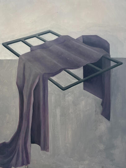 Figure (towel on drying rack), 2022, Oil on canvas, 40" x 30"
